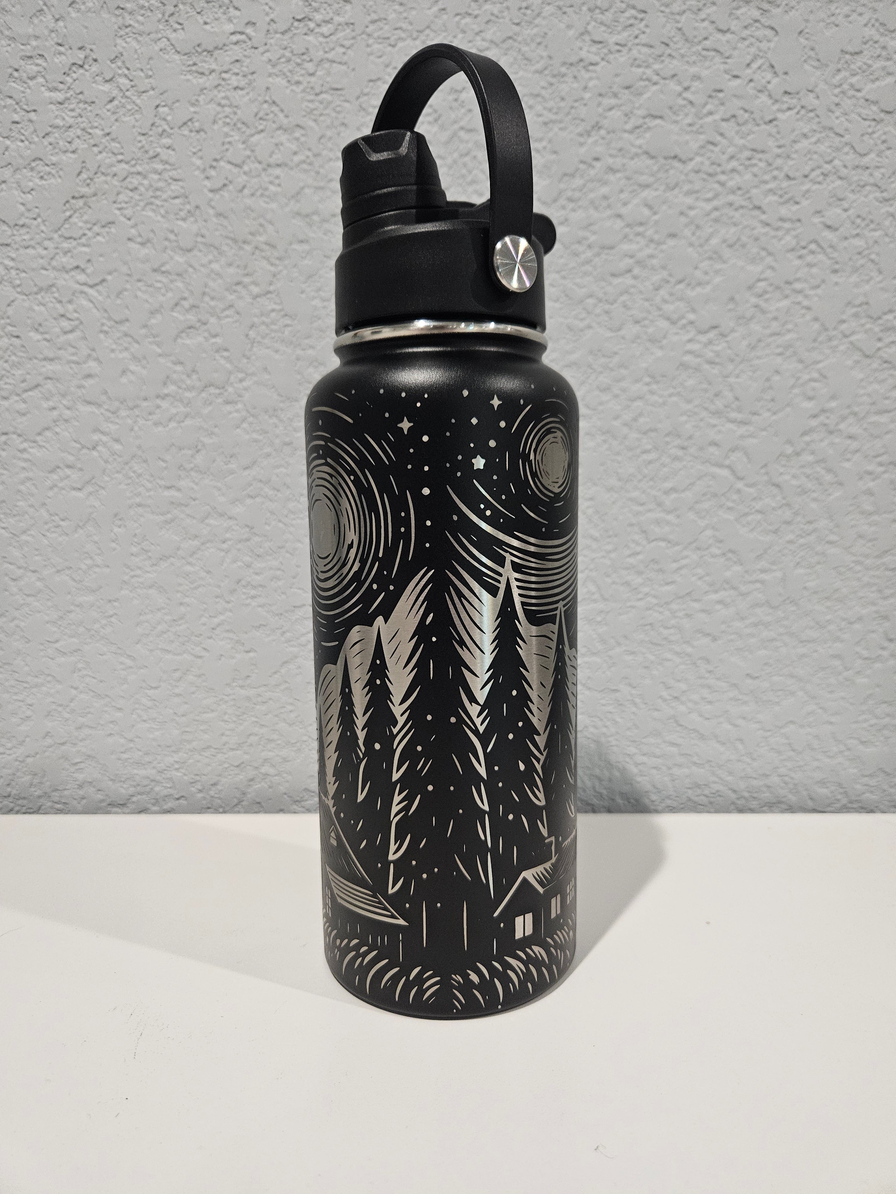 Black Starry Night 32oz Water Bottle - Full Wrap Laser Engraved Drinkware
