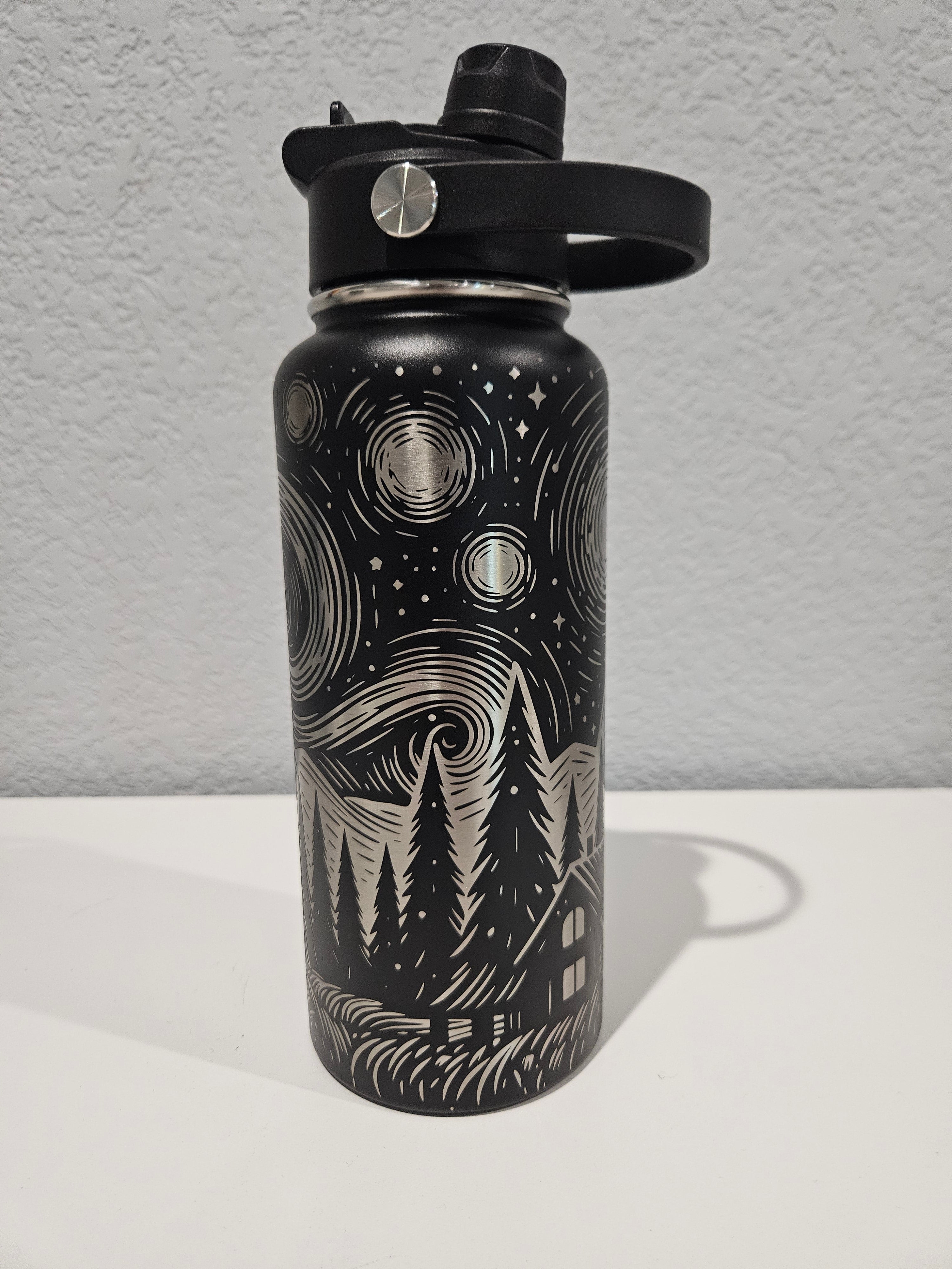 Black Starry Night 32oz Water Bottle - Full Wrap Laser Engraved Drinkware