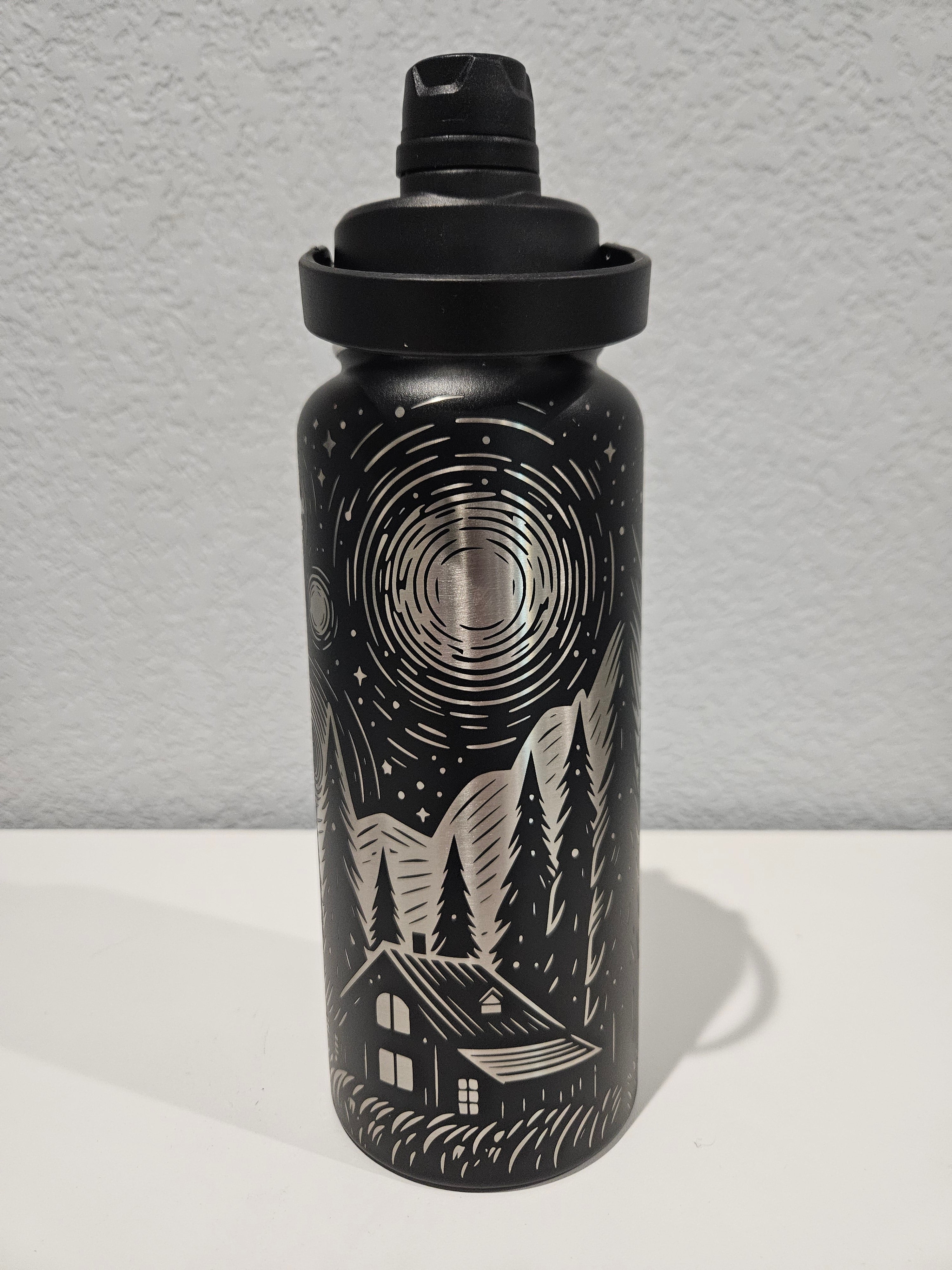 Black Starry Night 32oz Water Bottle - Full Wrap Laser Engraved Drinkware