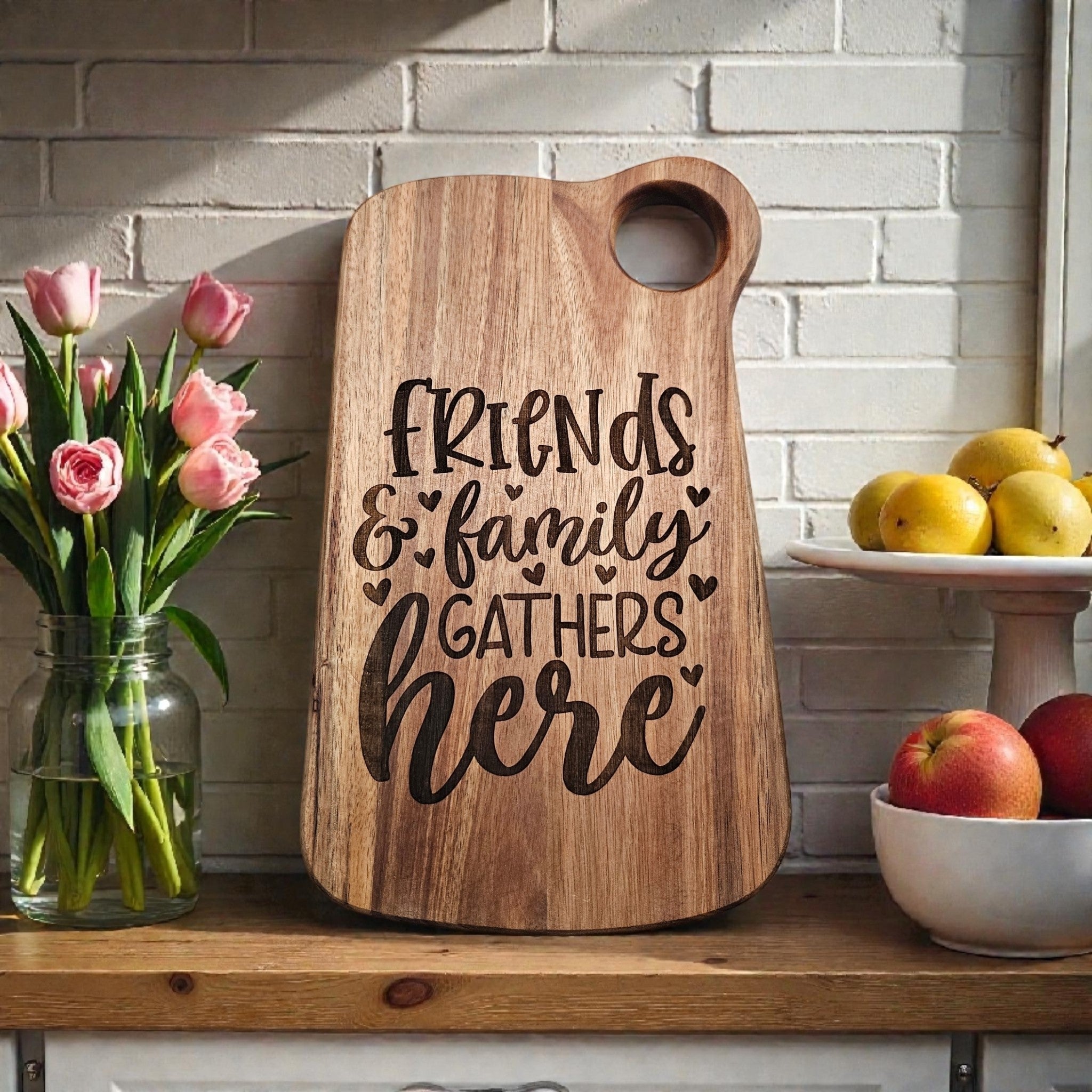 Friends Gather Here Laser Engraved Acacia Cutting Board – 9x6