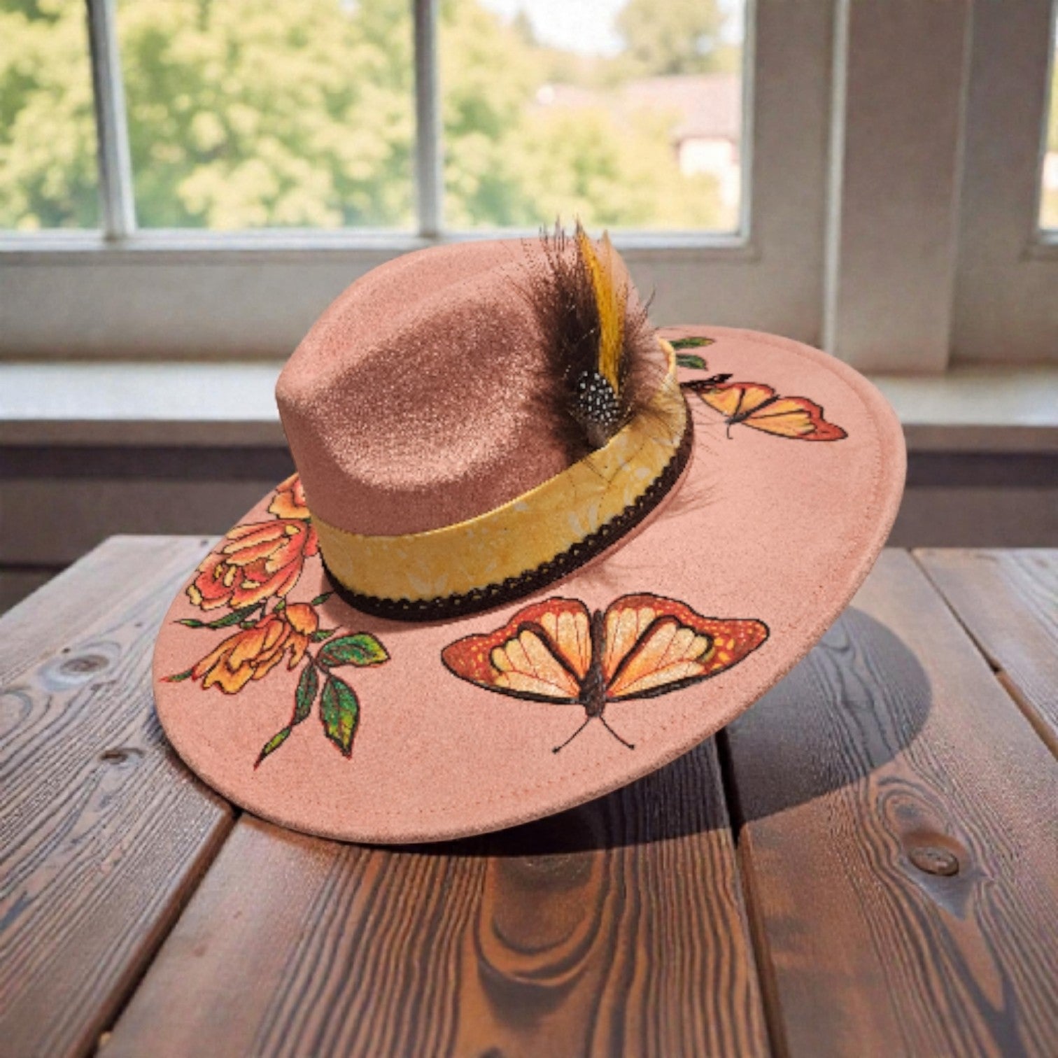 Hand-Painted Floral Peonies Vegan Suede Teardrop Wide Brim Hat | Laser-Engraved Boho Chic