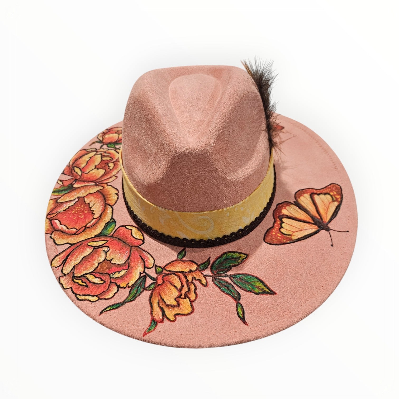 Hand-Painted Floral Peonies Vegan Suede Teardrop Wide Brim Hat | Laser-Engraved Boho Chic