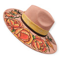 Hand-Painted Floral Peonies Vegan Suede Teardrop Wide Brim Hat | Laser-Engraved Boho Chic