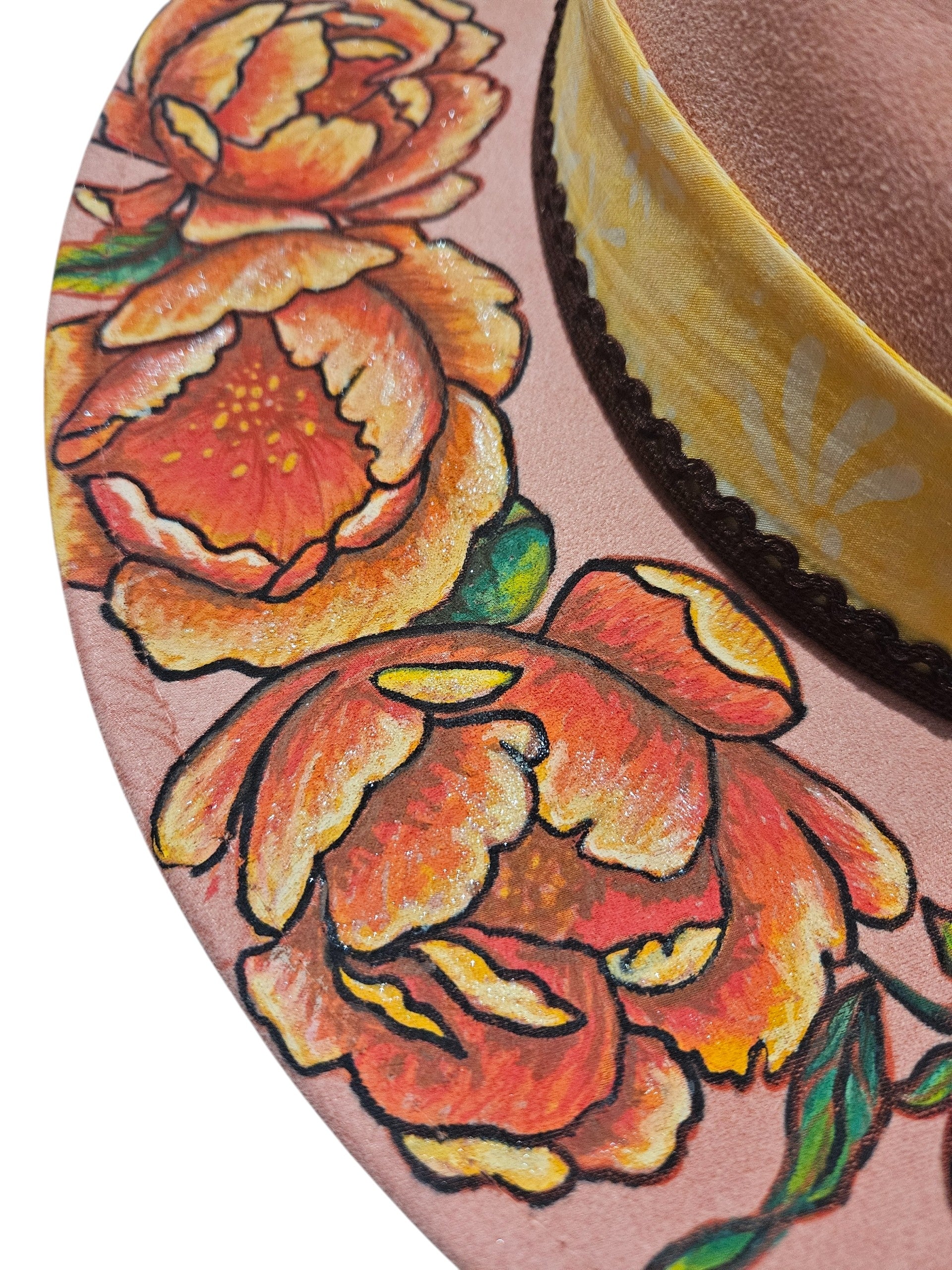 Hand-Painted Floral Peonies Vegan Suede Teardrop Wide Brim Hat | Laser-Engraved Boho Chic