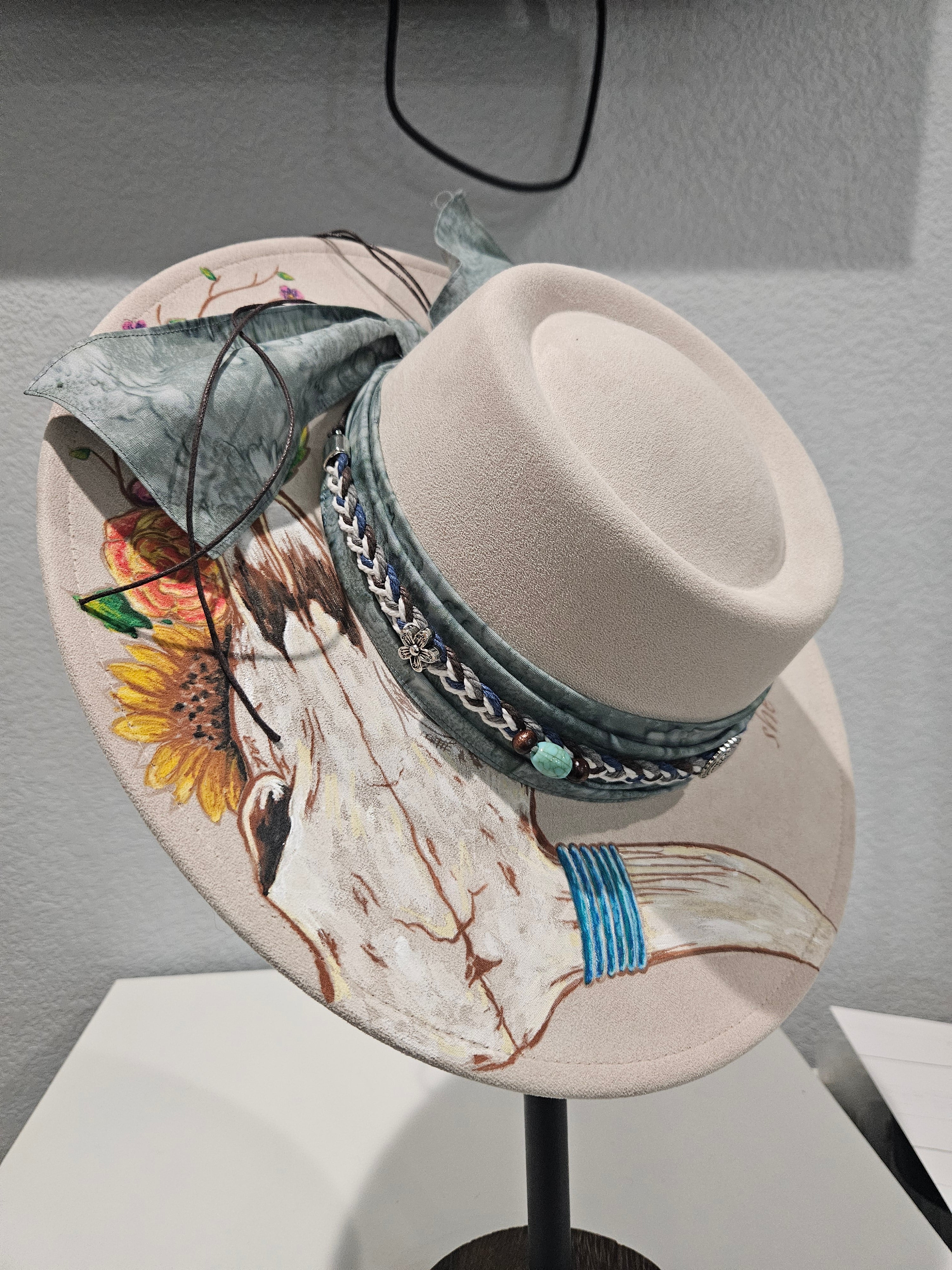 Hand Painted Cow Skull Floral Rancher Hat | Beige Wide Brim Laser Engraved Boho Western