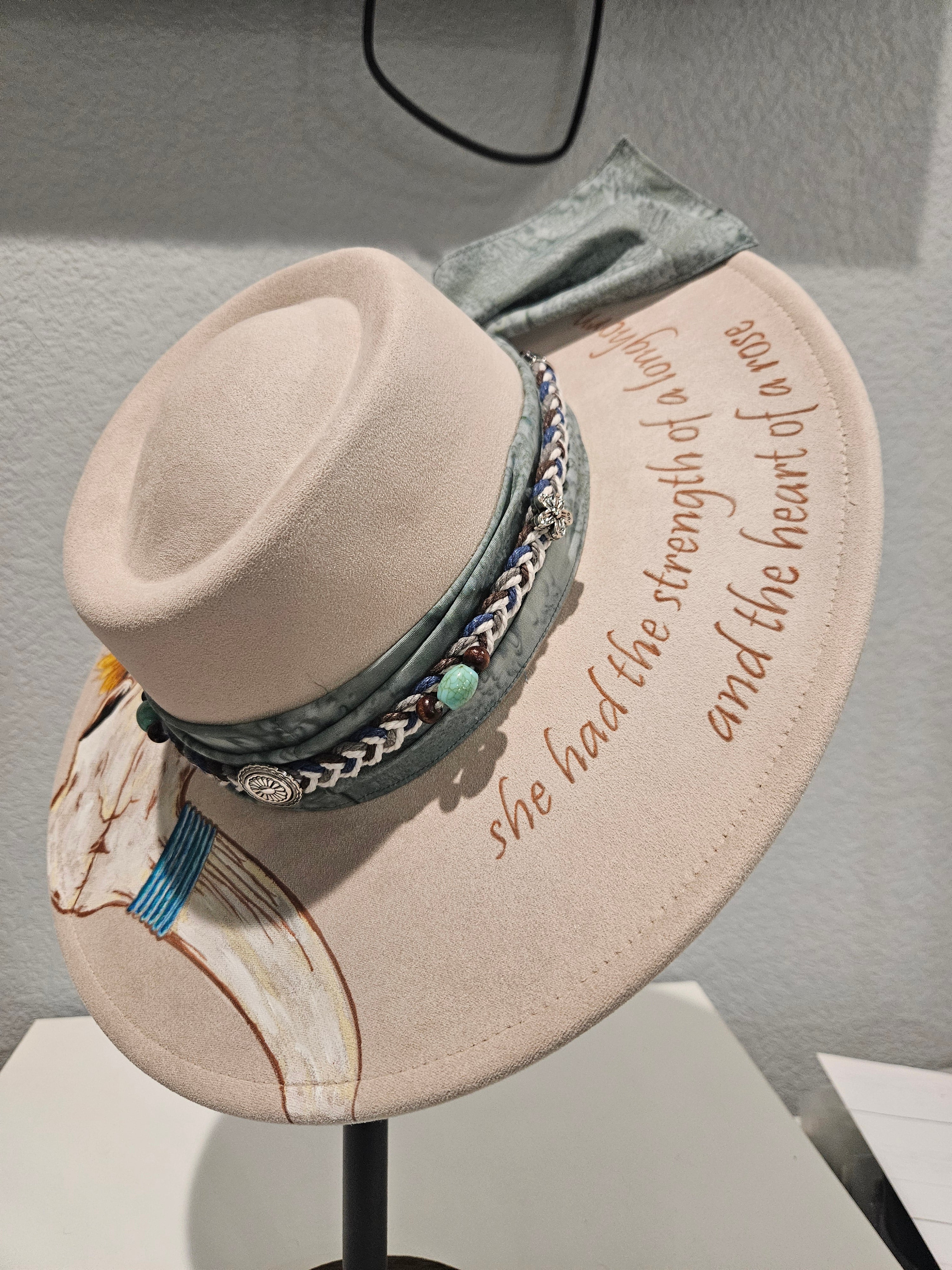 Hand Painted Cow Skull Floral Rancher Hat | Beige Wide Brim Laser Engraved Boho Western