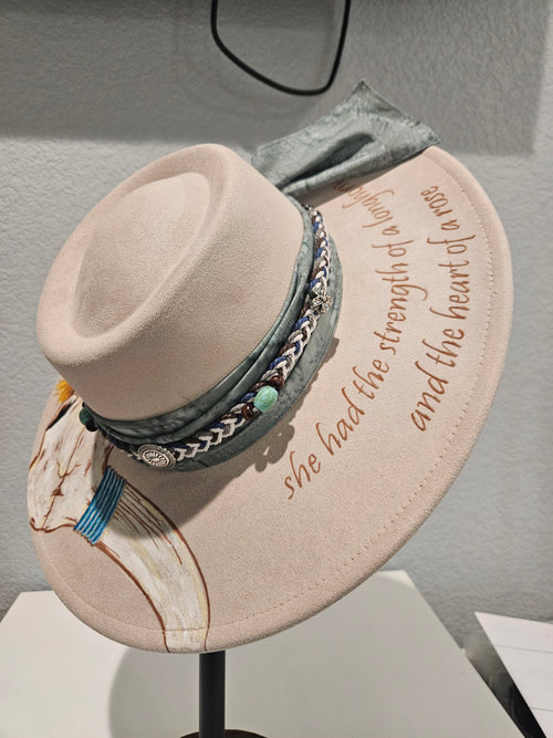 Hand Painted Cow Skull Floral Rancher Hat | Beige Wide Brim Laser Engraved Boho Western