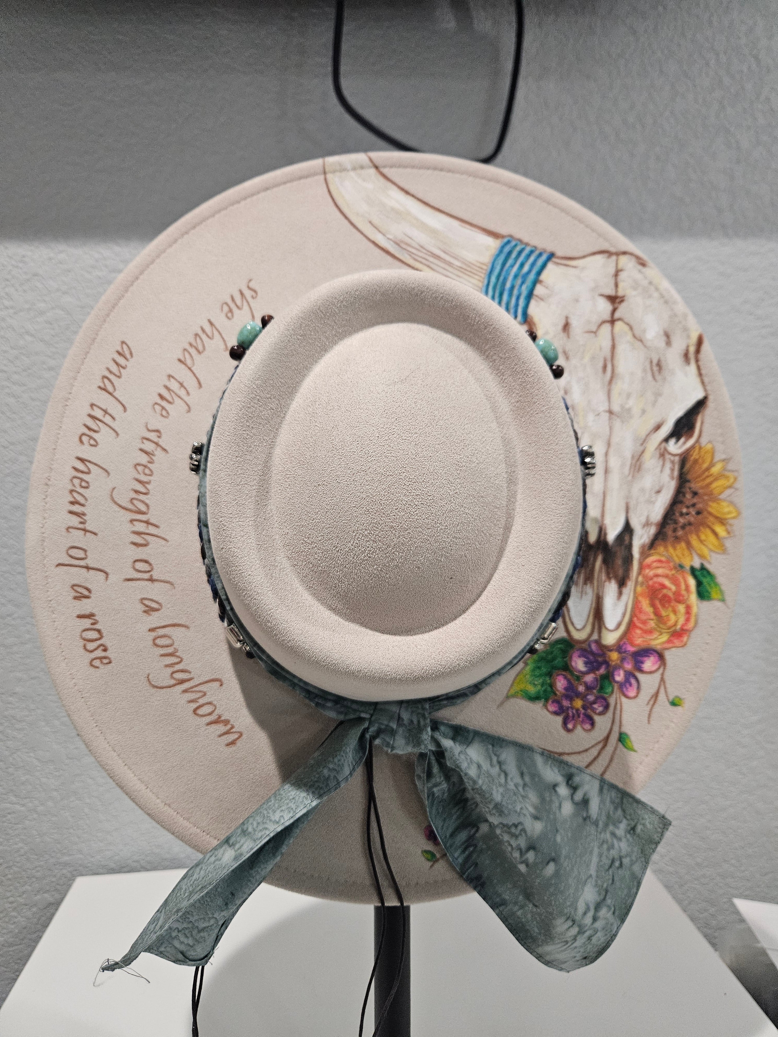 Hand Painted Cow Skull Floral Rancher Hat | Beige Wide Brim Laser Engraved Boho Western