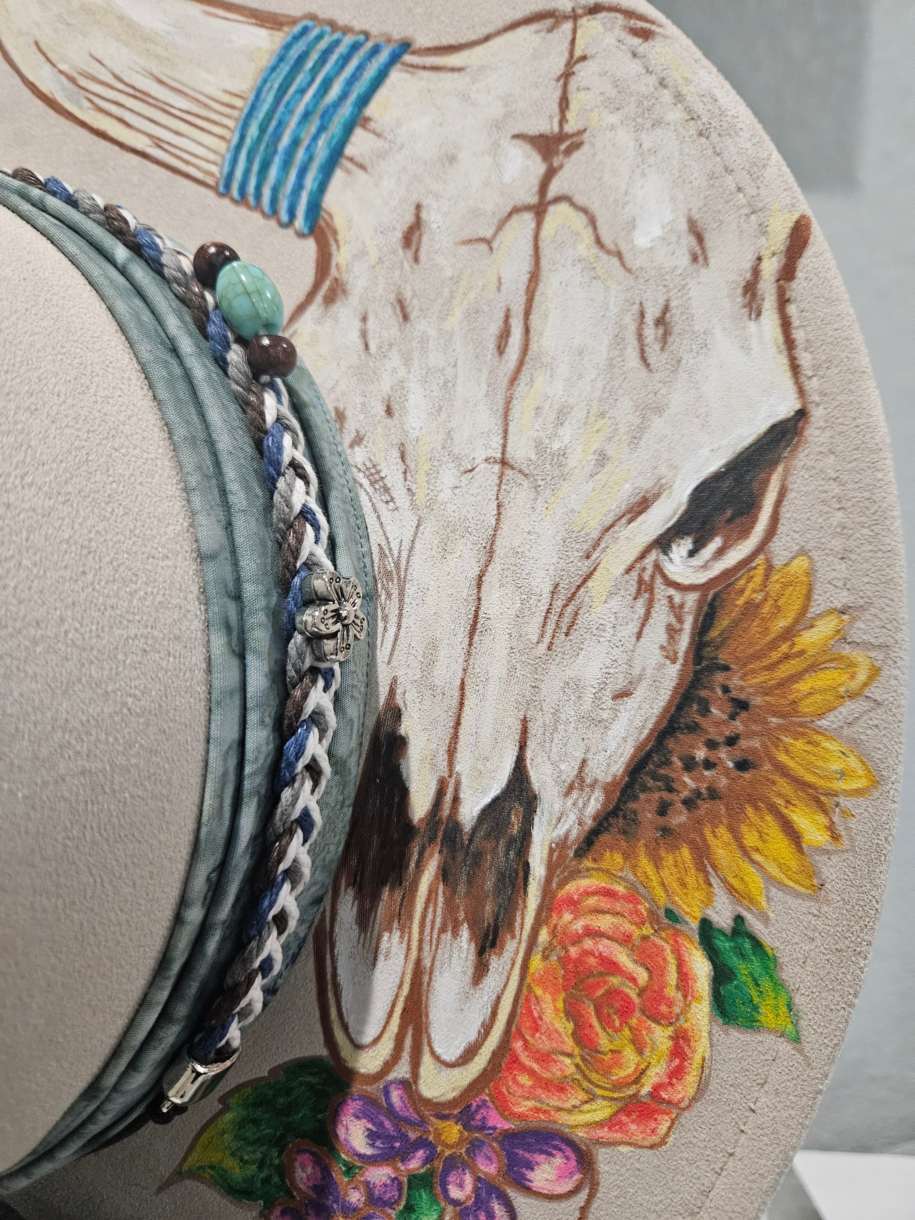 Hand Painted Cow Skull Floral Rancher Hat | Beige Wide Brim Laser Engraved Boho Western