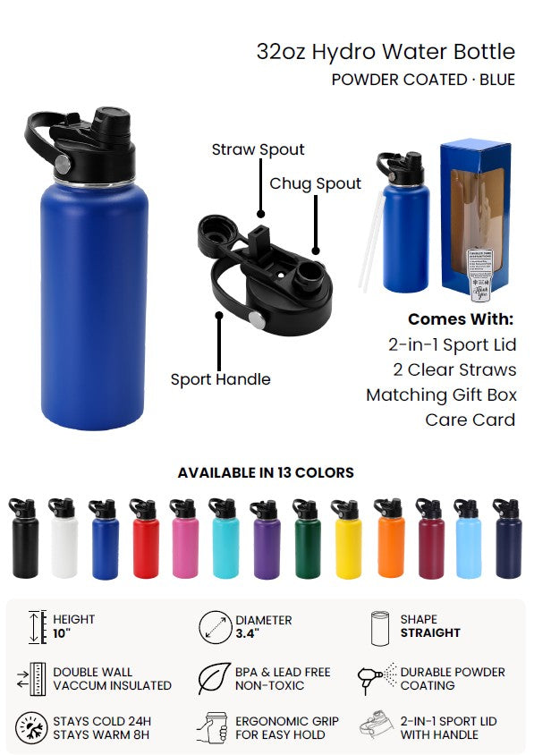 32 oz hydro water bottle with features and specifications listed on a white background