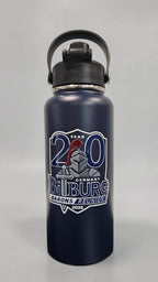 A dark navy blue insulated water bottle with a black lid and carry loop, featuring a '20 BitBurg Barons Reunion' graphic on the front, set against a neutral gray background.