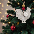 Day 3: “Day 3 three French hens engraved white wood ornament hanging on Christmas tree with bow and bead.