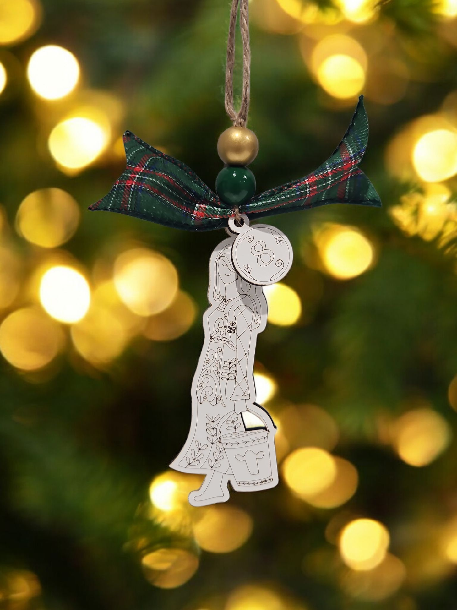 Day 8 eight maids a-milking engraved white wood Christmas ornament hanging on Christmas tree with bow and bead
