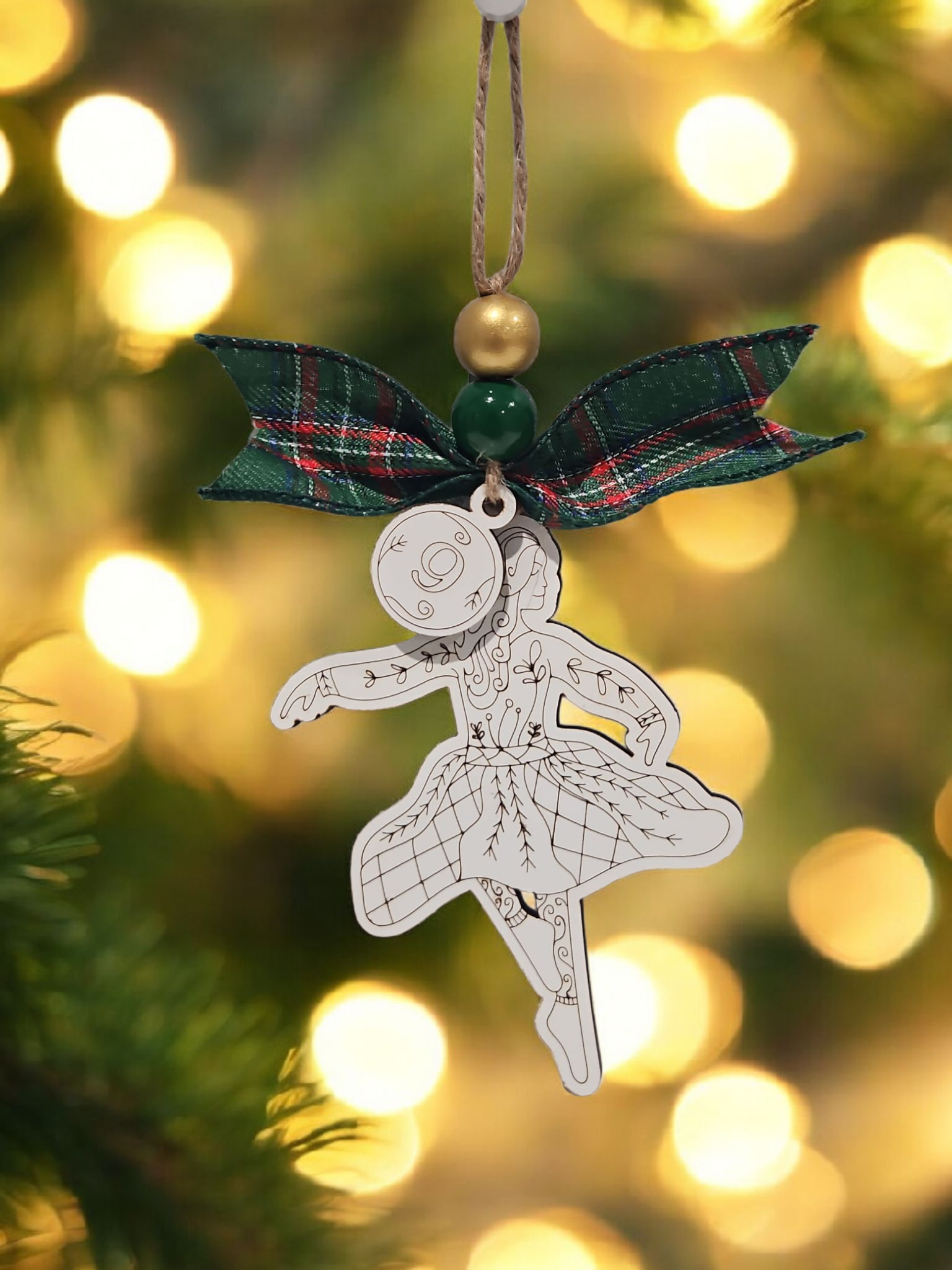 Day 9 nine ladies dancing engraved white wood Christmas ornament hanging on Christmas tree with bow and bead