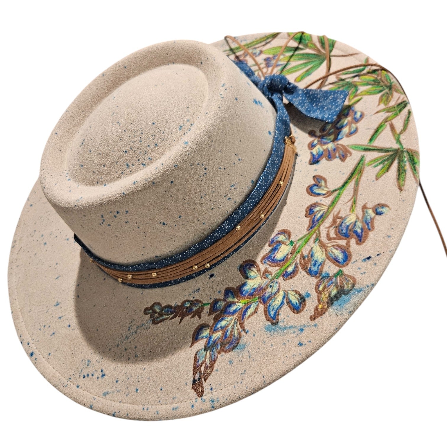 Hand-painted bluebonnet floral rancher round top hat on white background