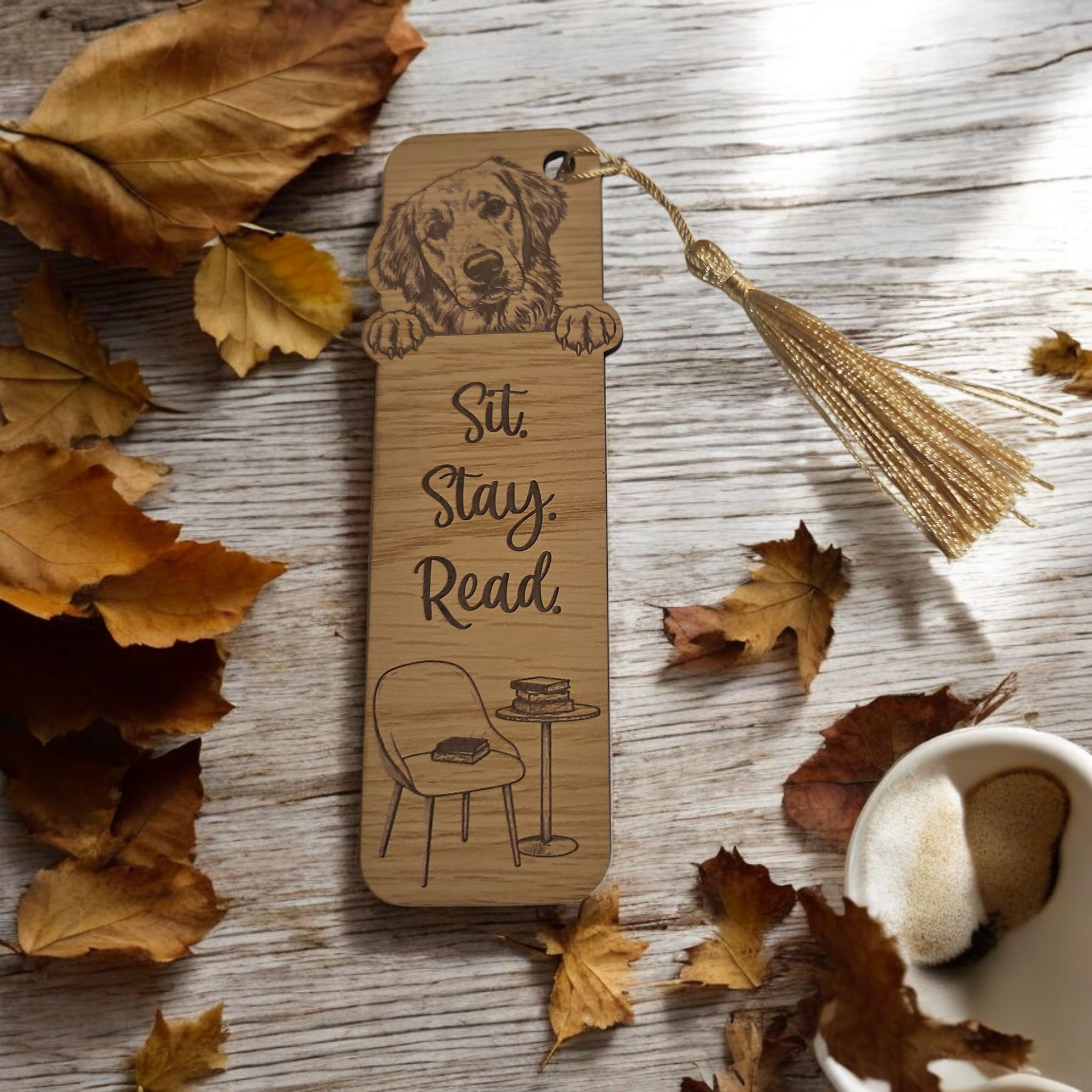 Oak wood bookmark featuring an engraved Golden Retriever with a colorful tassel, 5.75 x 3.75 inches