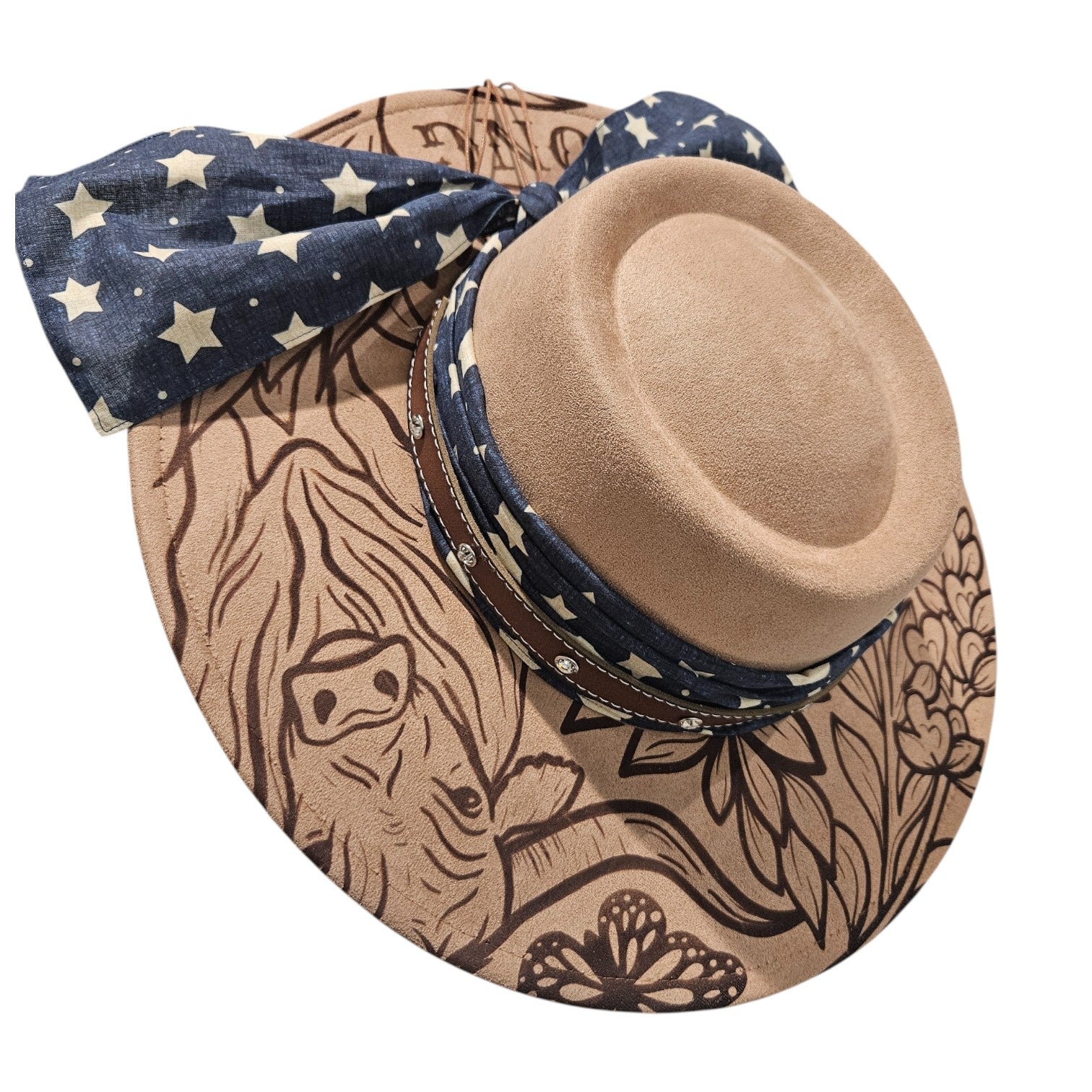 Right side view of Texas Strong laser engraved camel rancher hat with longhorn design