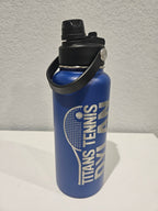 32 oz Blue hydro water bottle with black lid featuring single engraved, logo 