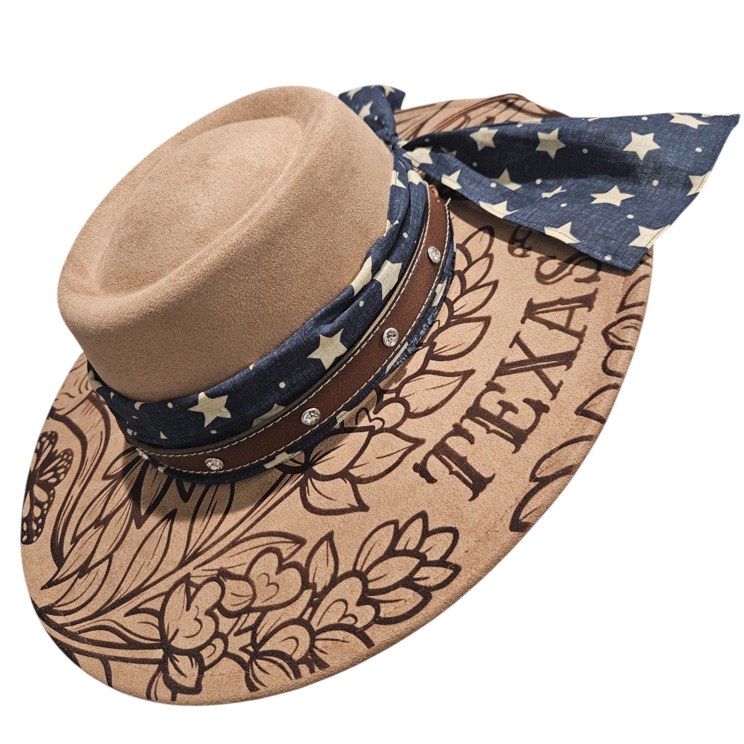 Close up of Texas text, blue star fabric band, and floral details on camel rancher hat