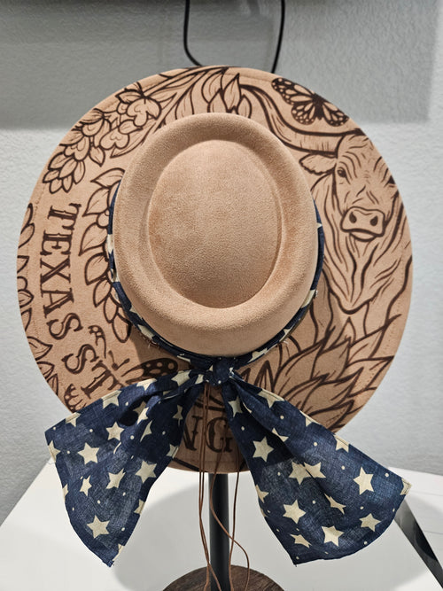 Texas Strong laser engraved camel rancher hat with longhorn and floral design full wrap