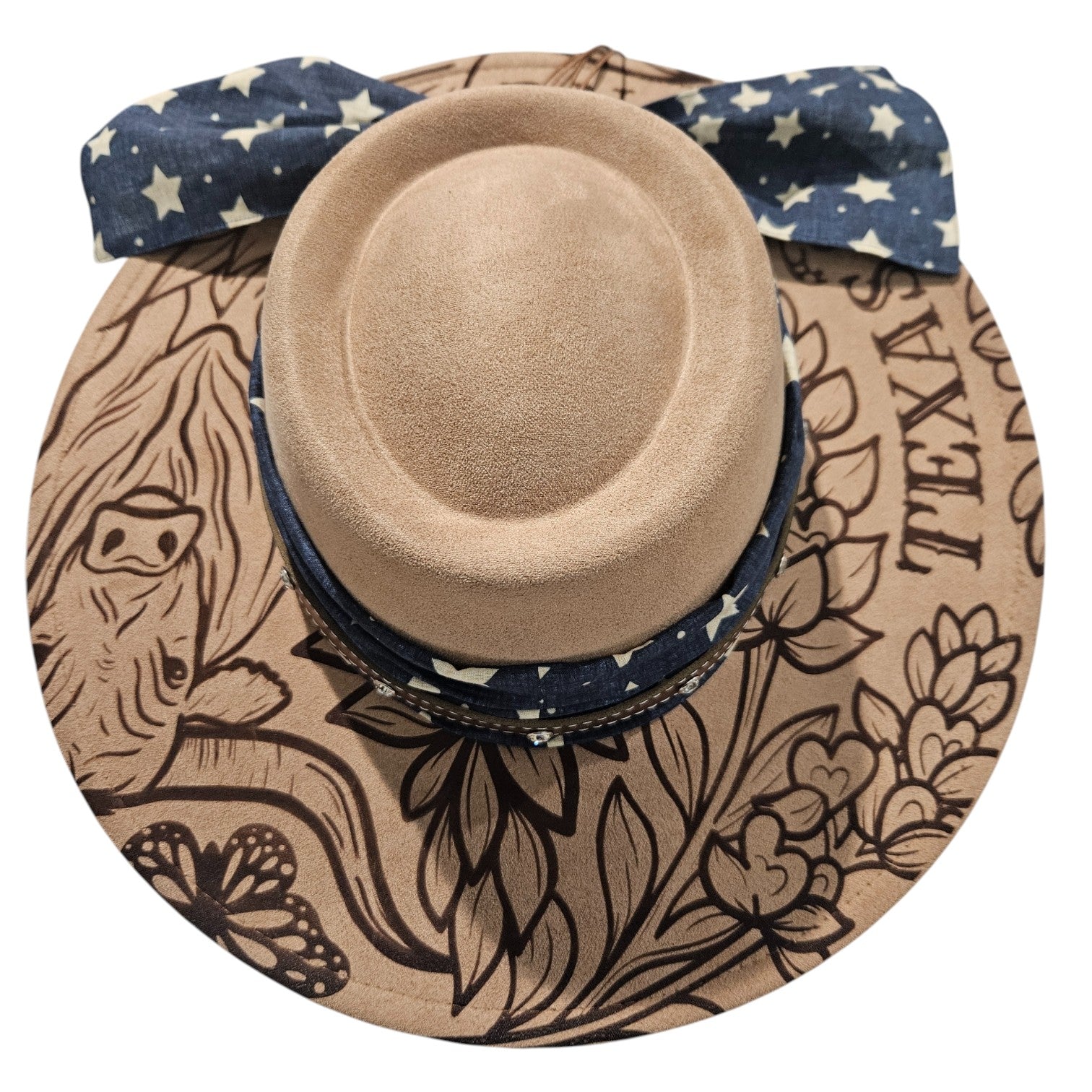 Top down view of Texas Strong hat showing laser engraved longhorn and floral design