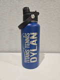 Blue hydro water bottle with 'single' branding on a silver background