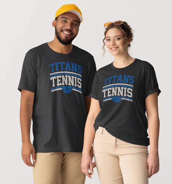A man and a woman modeling matching dark gray T-shirts with a blue and white 'TITANS TENNIS' graphic on the front, set against a plain light gray background.