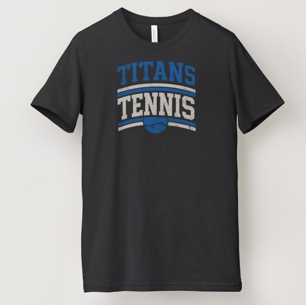 A black short-sleeve crewneck t-shirt featuring a distressed graphic on the chest that reads 'TITANS TENNIS' in blue and white, with a small blue tennis ball graphic below, shown against a light gray background.