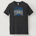 A black short-sleeve crewneck t-shirt featuring a distressed graphic on the chest that reads 'TITANS TENNIS' in blue and white, with a small blue tennis ball graphic below, shown against a light gray background.