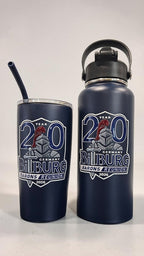 A navy blue insulated travel tumbler with a black straw and a matching water bottle, both printed with a 20 year Bitburg Baron Reunion, on a Navy background.